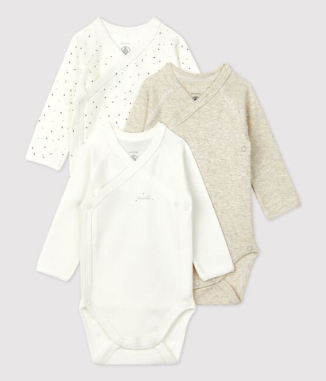 Petit Bateau - Lot de 3 bodies cache-coeur ML en coton BIO - Beige chiné/Blanc/Etoiles