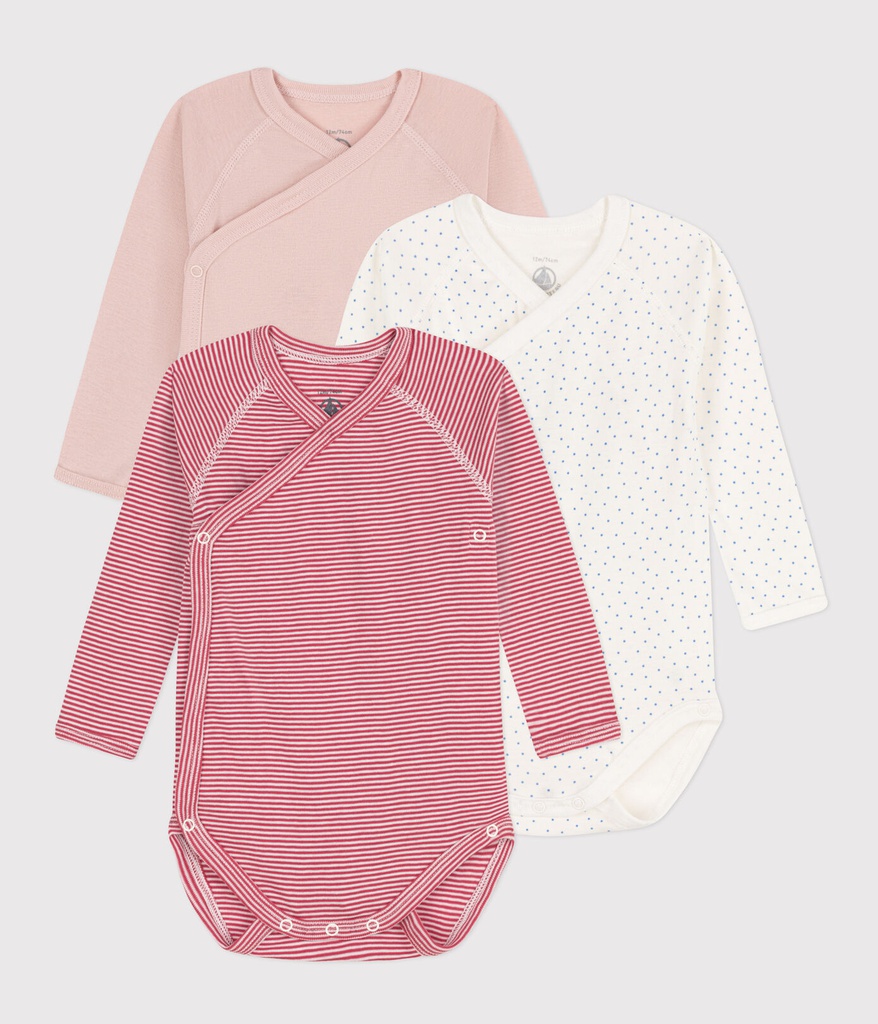 Petit Bateau - Lot de 3 bodies croisés manches longues imprimés en coton - rose