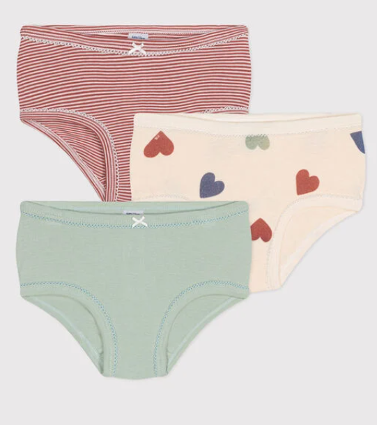 Petit Bateau - Lot de 3 culottes en coton - Lignes et coeurs rouges et verts