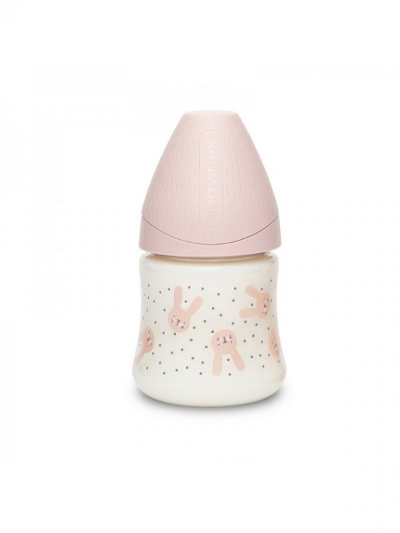 Suavinex - Biberon en verre - 120ml - Tétine ronde silicone - 0 mois - Pink Rabbits