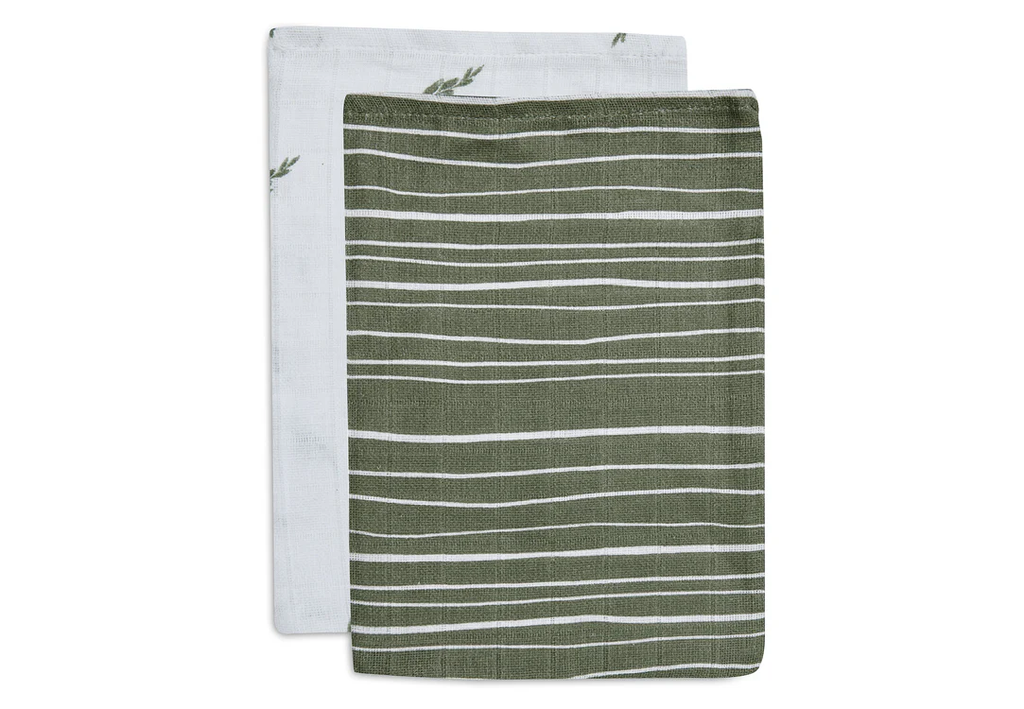 Jollein - Gant de Toilette Gaze de Coton Stripe Leaf Green - GOTS - 2 pièces