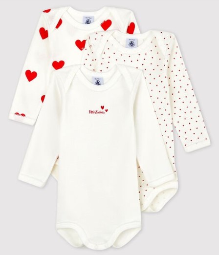 Petit Bateau - Lot de 3 bodies cache-coeur manches longues en coton BIO - Coeurs