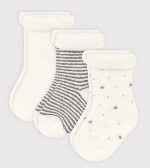 Petit Bateau - Lot de 3 paires de chaussettes bébé en tricot uni et à rayures - Naissance