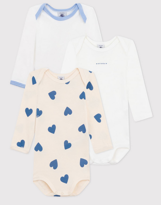 Petit bateau - Lot de 3 bodies manches longues  - coeurs bleu