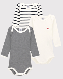 Petit bateau - Lot de 3 bodies - manches longues - rayé - bleu