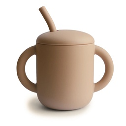 Mushie - Tasse d'apprentissage en silicone + paille - Naturel