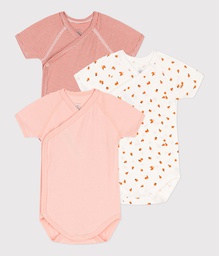 Petit Bateau - Lot de 3 bodies croisés manches courtes imprimés en coton - rose