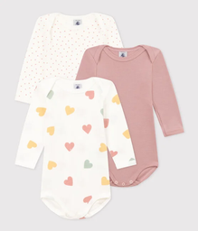 Petit Bateau - Lot de 3 bodies manches longues en coton BIO - Coeurs