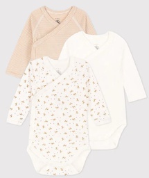 Petit Bateau - Lot de 3 bodies cache-coeur ML en coton BIO - Blanc/Faon/Rayures