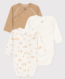 Petit Bateau - Lot de 3 bodies croisés manches longues en coton bébé - Poussin