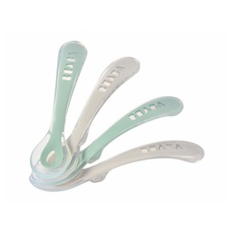 [913555] Béaba - Lot 4 cuillères 2ème âge silicone Gris velours/Vert sauge